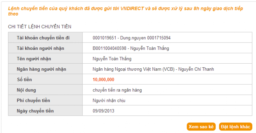 Hoan thanh gui tien Vn88 bang VN Direct 