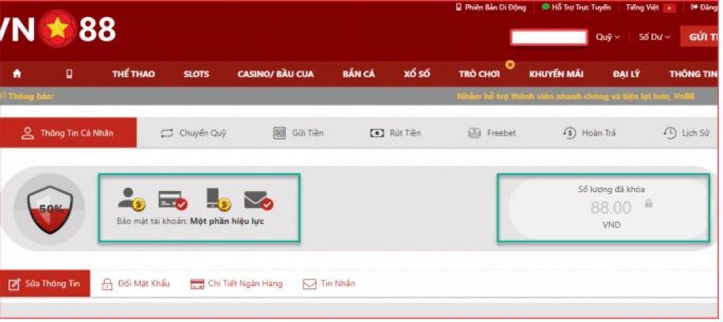 Xac nhan tai khoan Vn88 nhan 88k