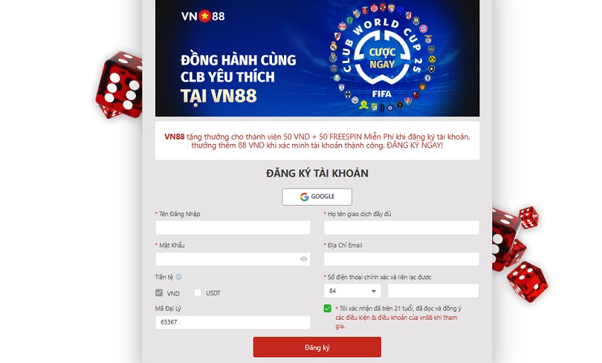 Form đăng ký tài khoản Vn88 Thong tin dang ky Vn88